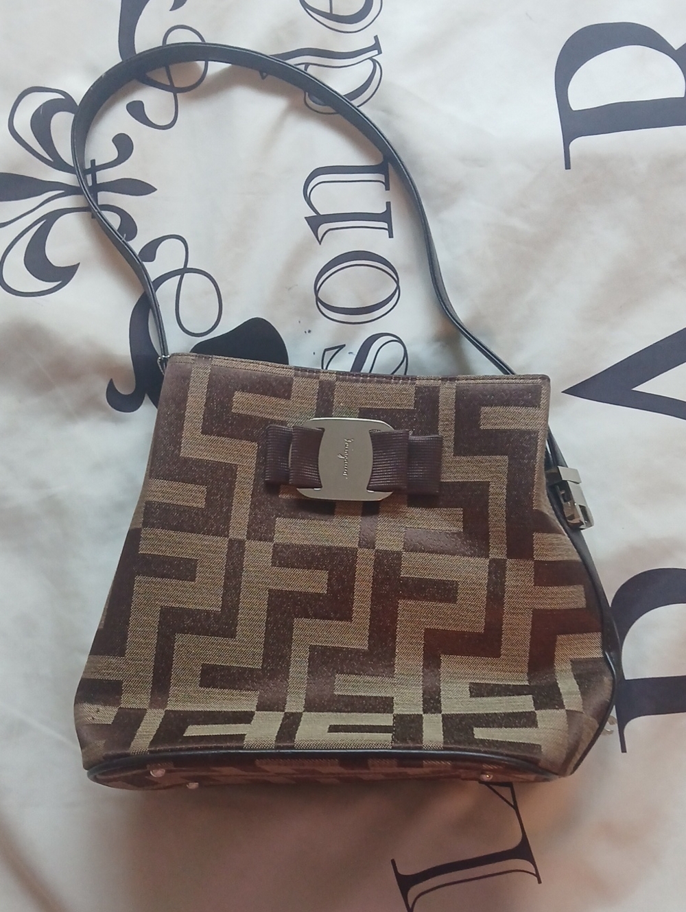 Salvatore Ferragamo Brown Geometric Jacquard Crossbody with Vara Bow